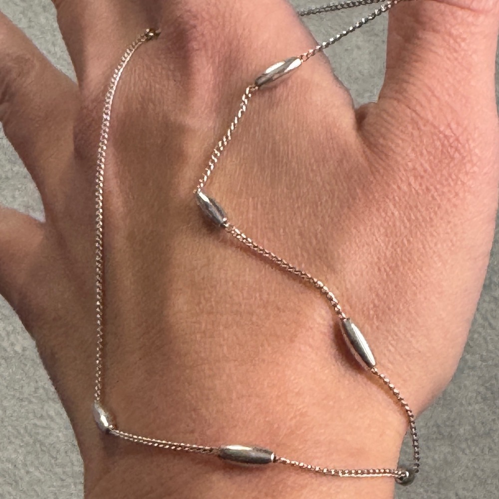 Vintage Silver Tone Station Necklace Rice Bead Curb Chain 17 Inch Minimalist